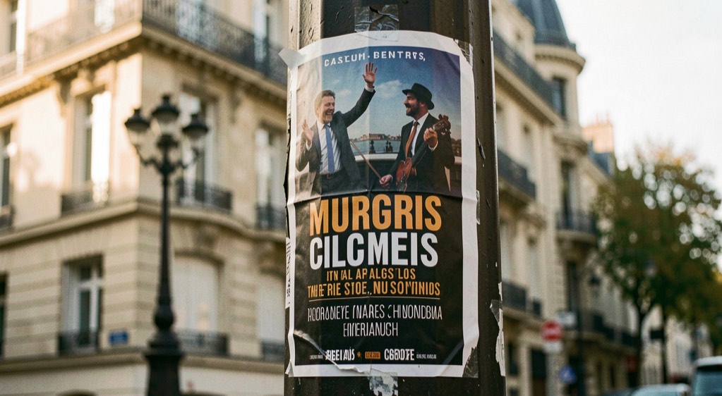 Affiche de spectacle collée sur une colonne Morris parisienne, papier légèrement décollé sur les bords, façades et réverbère flous derrière, lumière de fin de journée, cadrage vertical