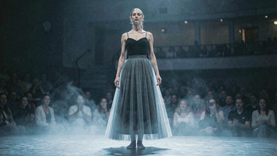 Danseuse en jupe de tulle longue immobile dans une lumière bleue de plateau, légère brume au sol, cadrage vertical de la taille aux pieds
