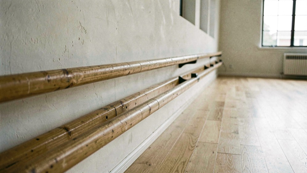 Double barre en bois fixée le long d’un mur de studio, parquet clair, reflets sur le bois usé par les mains, fenêtres hautes à droite, lumière du matin, cadrage vertical