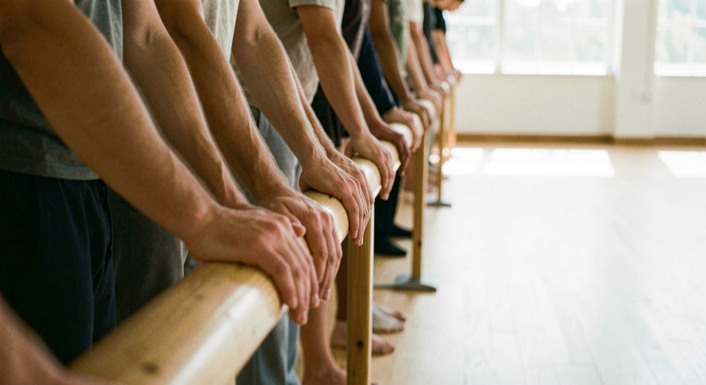 Rangée de mains posées le long d’une barre en bois dans un studio, danseurs alignés hors champ, parquet clair, lumière du matin venant des fenêtres, cadrage vertical serré