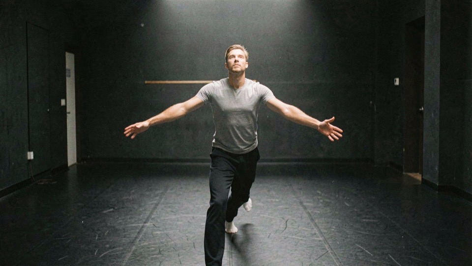 Danseur bras tendus latéralement dans un échauffement continu, mains ouvertes et paumes tournées vers le bas, sol de linoléum noir, murs sombres, lumière zénithale douce, cadrage vertical