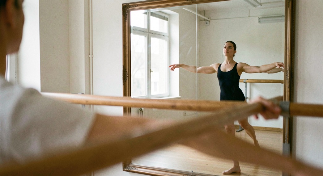 Danseur bras ouverts en seconde position face à un grand miroir de studio, reflet net dans la glace, barre en bois au premier plan flou, lumière du jour, cadrage vertical