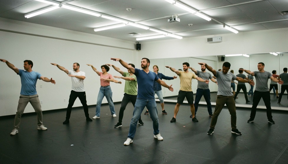 Groupe de danseurs alignés en diagonale dans un studio pendant un cours de jazz, bras en opposition, sol noir, lumière crue de néons, cadrage vertical