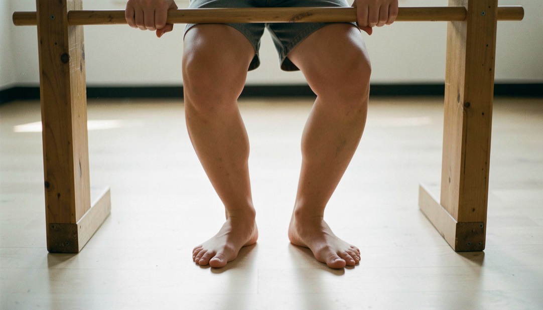 Jambes en demi-plié à la barre en bois, talons au sol, cadrage vertical serré des genoux aux pieds, parquet clair, lumière latérale