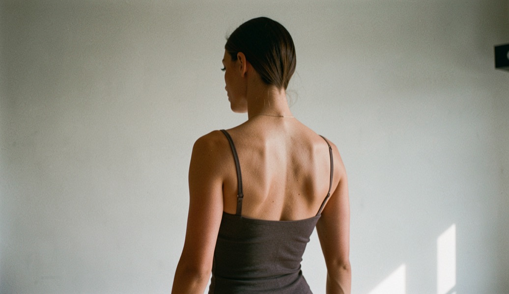 Dos d’une danseuse en débardeur vu de trois quarts arrière, omoplates visibles et plaquées, nuque longue, mur de studio clair derrière, lumière rasante, cadrage vertical serré