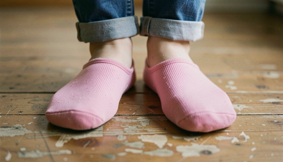 Pieds en première position ouverte sur un parquet usé, chaussons de toile rose, cadrage vertical en plongée très serré sur les chevilles