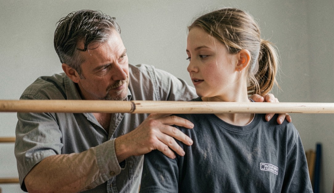 Main d’un professeur posée sur la hanche d’une élève pour indiquer l’origine de la rotation, tenue de travail claire, barre en bois floue derrière, lumière douce de studio, cadrage vertical serré