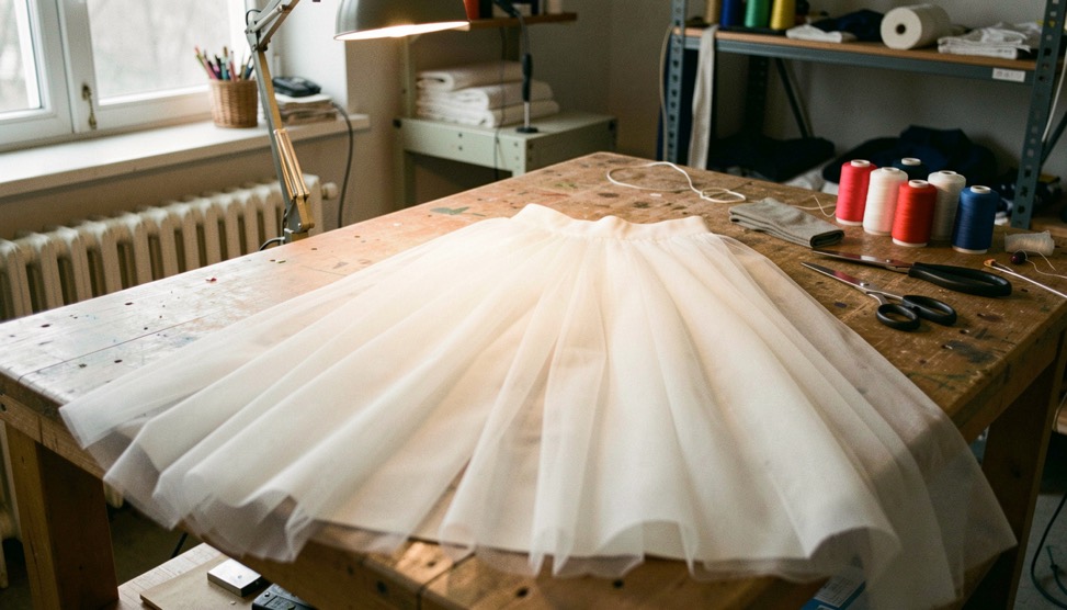 Jupe de tulle blanc longue posée sur une grande table d’atelier de costume, ciseaux et bobines de fil autour, lumière chaude de lampe d’établi, cadrage vertical serré