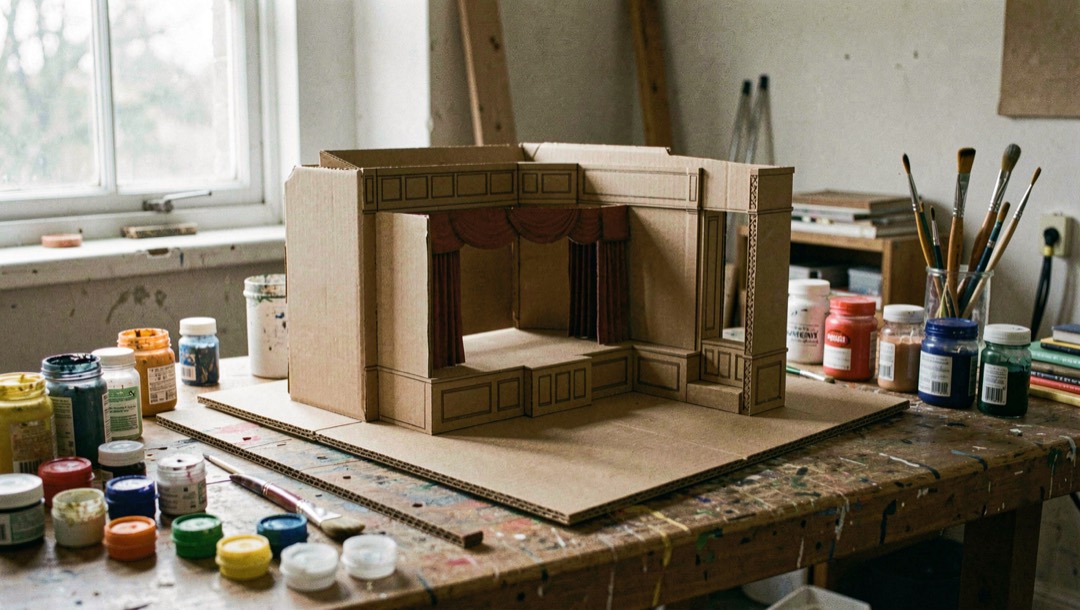 Maquette de décor de théâtre en carton peint posée sur un établi d’atelier, pinceaux et pots de couleur autour, lumière de fenêtre, cadrage vertical en légère plongée