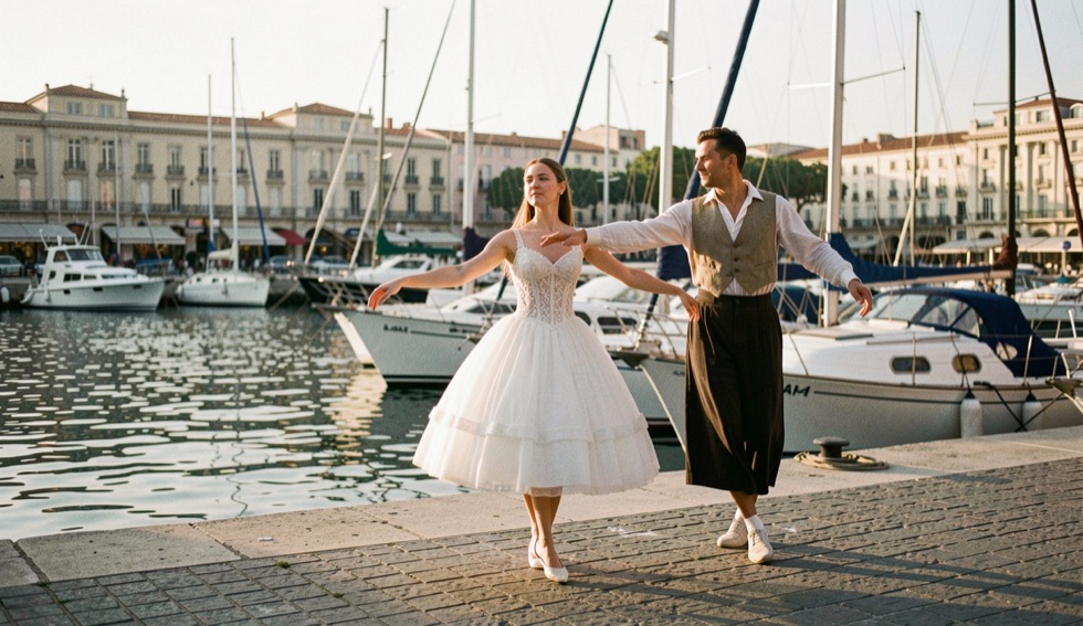 Danseuse en tenue de répétition sur un quai du Vieux-Port de Marseille au petit matin, bateaux amarrés derrière elle, lumière rasante, cadrage vertical en pied