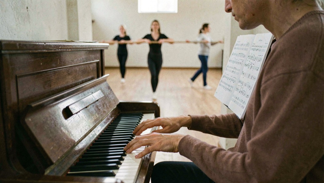 Mains d’un pianiste répétiteur sur un piano droit dans un coin de studio de danse, partition ouverte, barre floue en arrière-plan, cadrage vertical