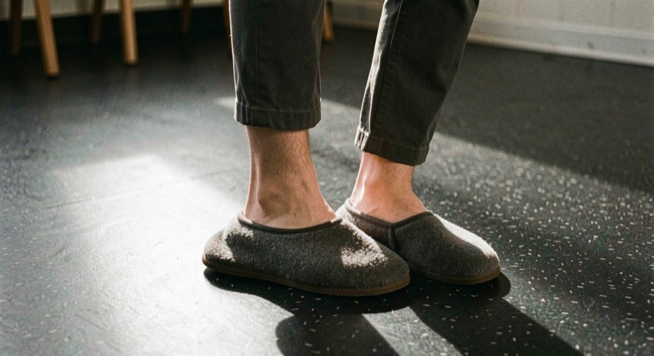 Pieds en chaussons de jazz souples posés en appui décalé sur un sol de linoléum noir, jambes fléchies, lumière rasante venue du côté, cadrage vertical très serré