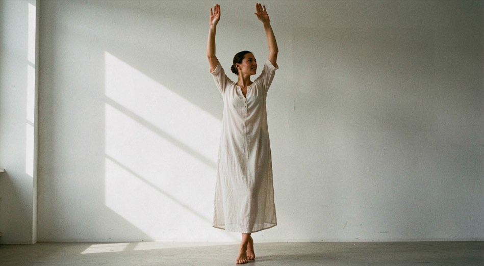 Danseuse pieds nus en tunique légère devant un mur blanc, bras levés, lumière naturelle rasante venant de la gauche, cadrage vertical en pied