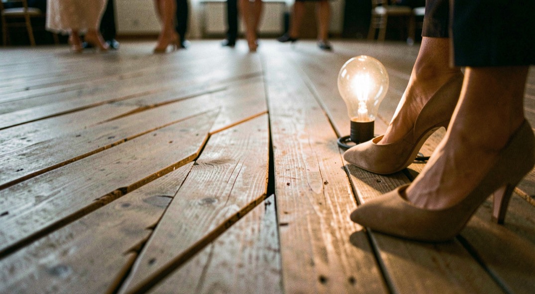 Plancher de salle de bal en lattes de bois usées vu en plongée, chaussures de danse à petit talon posées au bord, lumière chaude d’ampoule, cadrage vertical serré