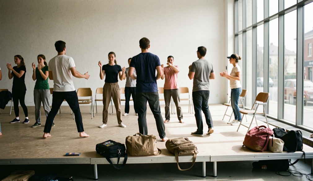 Groupe de danseurs en répétition sur un plateau nu, chaises et sacs posés au bord du plateau, grande baie vitrée à droite laissant entrer une lumière du sud, cadrage vertical