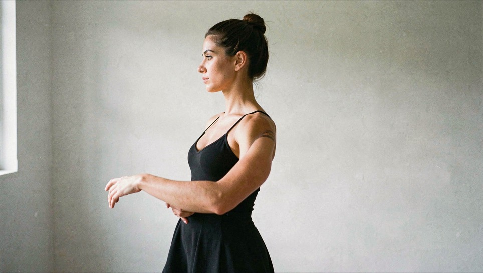 Danseuse de profil bras arrondis devant elle en position préparatoire, épaules basses et omoplates engagées, studio aux murs clairs, lumière latérale douce, cadrage vertical du bassin à la tête
