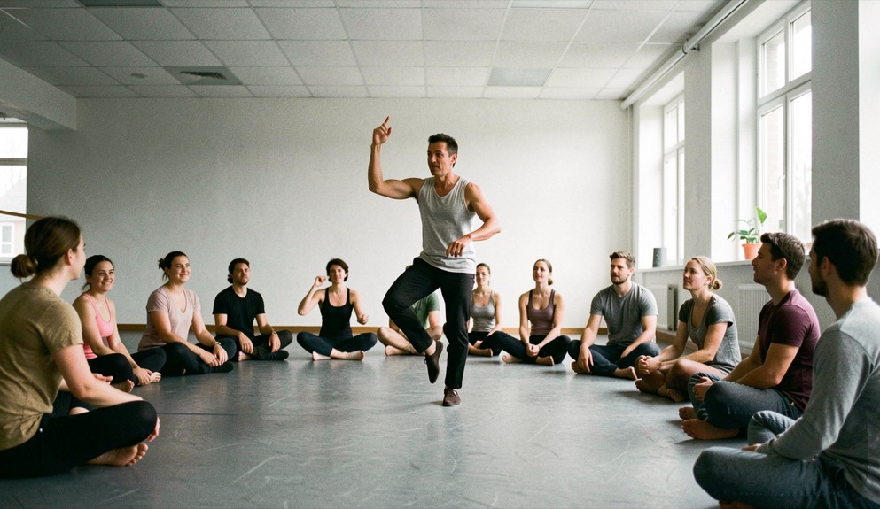 Professeur de danse en train de démontrer un mouvement au centre d’un studio, danseurs assis au sol autour de lui, sol de linoléum gris, lumière crue, cadrage vertical