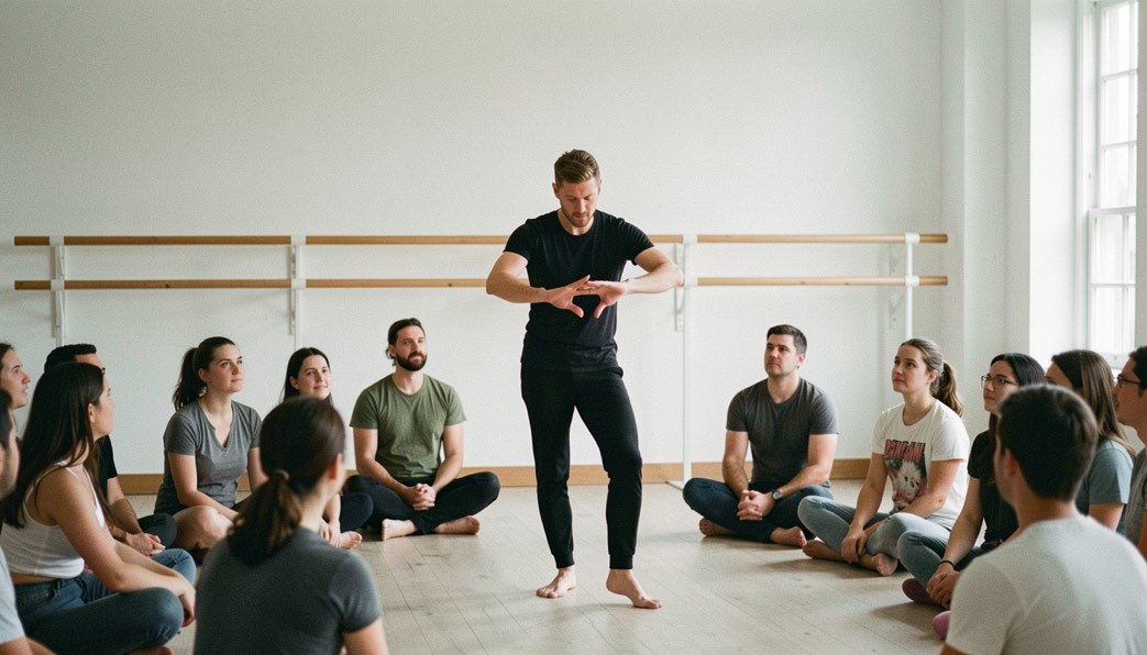 Professeur de danse marquant une phrase chorégraphique avec les mains devant un groupe assis au sol, studio clair, barre en bois derrière, lumière naturelle, cadrage vertical