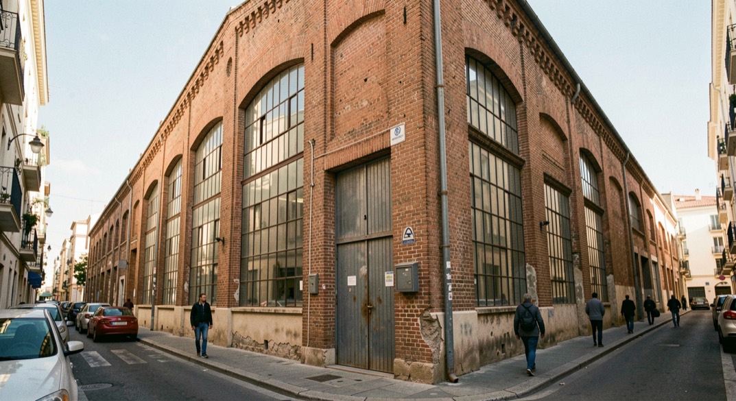 Façade d’ancienne manufacture en brique dans un quartier populaire de Marseille, grandes fenêtres d’atelier et porte métallique, ciel clair, lumière d’après-midi, cadrage vertical