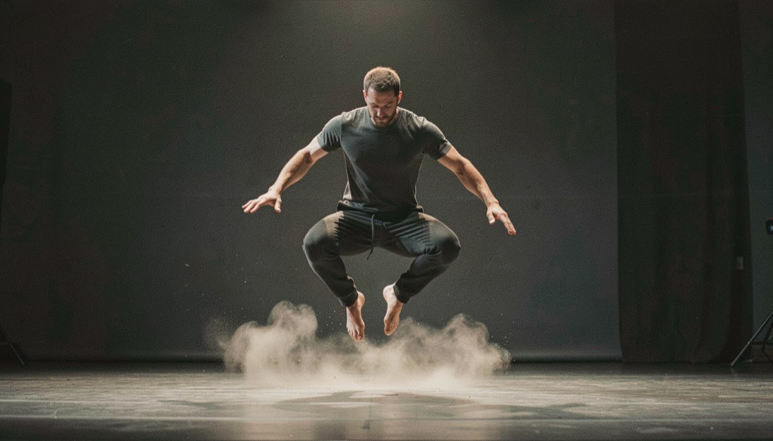 Danseur en réception de saut, genoux fléchis et talons revenus au sol, léger nuage de poussière au niveau des pieds, studio sombre, lumière crue de face, cadrage vertical en pied