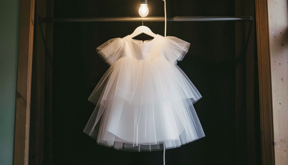 Tutu romantique en tulle blanc suspendu à un portant dans une coulisse sombre, une seule ampoule au-dessus, cadrage vertical serré sur les couches de tulle