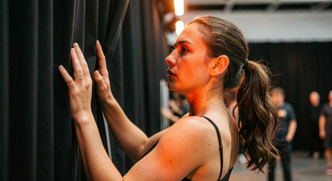 Danseuse essoufflée dans la coulisse juste après le salut, main posée sur le rideau noir, lumière de service orangée, cadrage vertical serré sur le visage et l’épaule