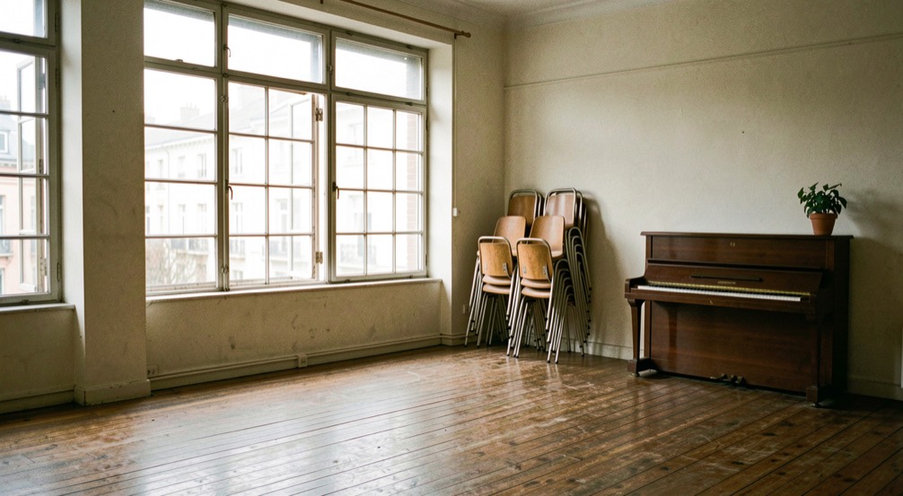 Studio de danse aux grandes fenêtres à guillotine et au parquet ancien, chaises pliantes empilées dans un coin, piano droit contre le mur, lumière d’après-midi, cadrage vertical