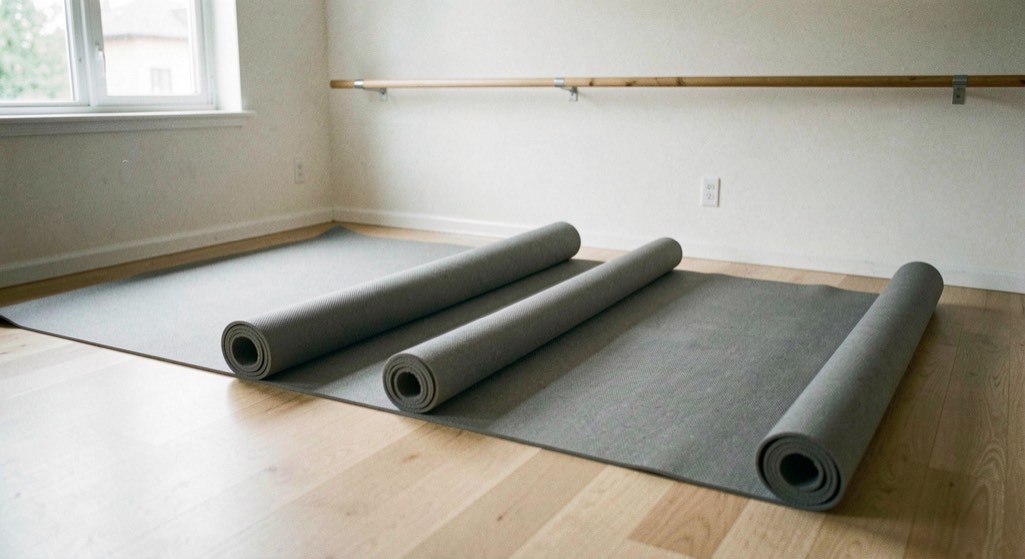 Tapis de sol gris déroulés côte à côte dans un studio vide avant le cours, parquet clair autour, barre en bois le long du mur, lumière matinale de fenêtre, cadrage vertical