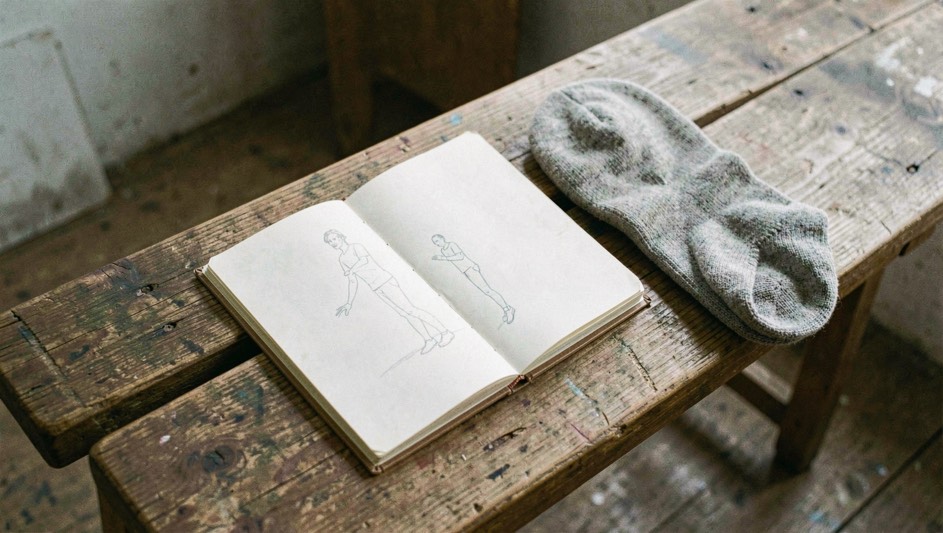 Carnet ouvert posé sur un banc de studio, croquis de pas tracés au crayon, chausson posé à côté, lumière naturelle, cadrage vertical en plongée