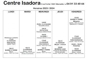 Horaires Centre Isadora Danse 2023/2024