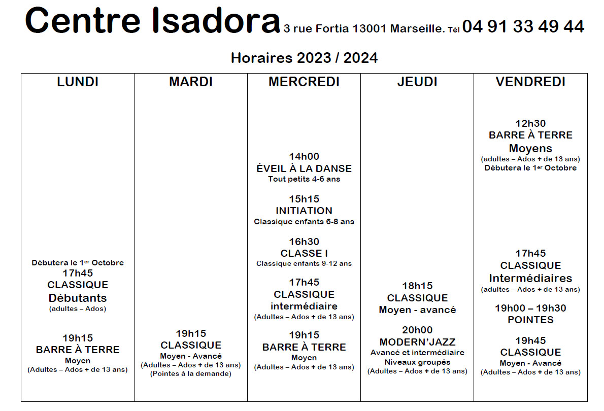 Horaires Centre Isadora Danse 2023/2024